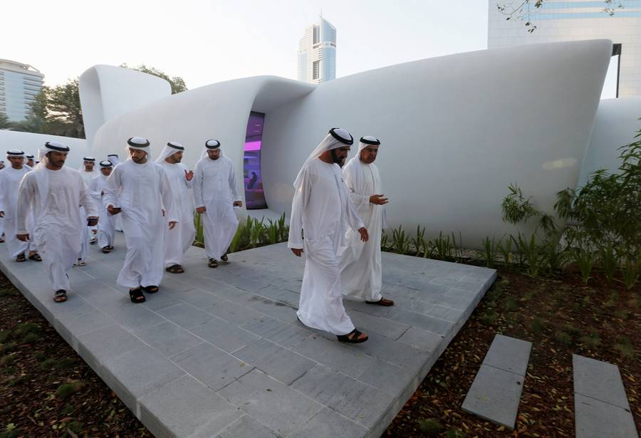 Sheikh Mohammed bin Rashid Al Maktoum, Vice-President and Prime Minister of the UAE and Ruler of Dubai leaves after the official opening of the world's first functional 3D printed offices in Dubai May 23, 2016. REUTERS/Ahmed Jadallah